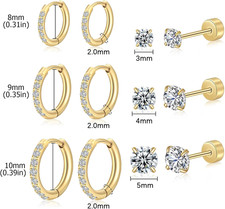 Gold Huggie Hoop Earrings Set CZ Stud Waterproof Steel 6 Pairs