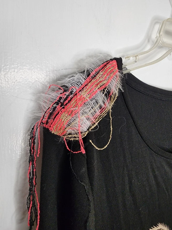 CUSTO BARCELONA Cotton Modal BLACK Feather Print Beaded Dress Shoulder Detail M - Image 4 of 4