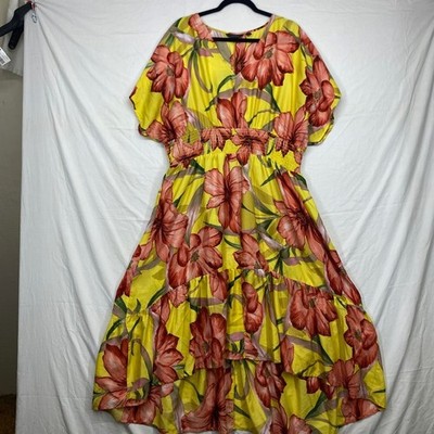 Mlle Gabrielle Womens 3X Yellow Floral High-Low Maxi Dress Smocked Waist V-Neck