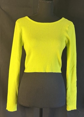Pretty Garbage Neon Green Ribbed Crop Top Chain Back Long Sleeve Size S
