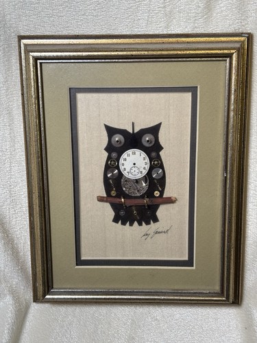 GIRARD 1970s Framed Matted Watch Parts OWL Signed Abstract Art Steampunk VINTAGE