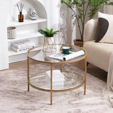 25.6" Round Gold Coffee Tables for Living Room, 2-Tier Glass Top Coffee Table...