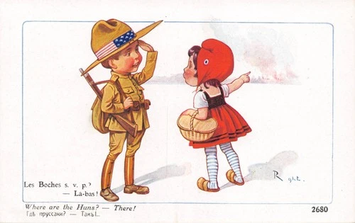 ARTIST SIGNED "RIGHT" WW1 1918 FRENCH AMERICAN BOY SOLDIER WHERE ARE THE HUNS?