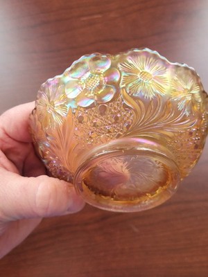 US Glass  Honey Amber Carnival Glass Cosmos & Cane Pattern Sauce Bowl