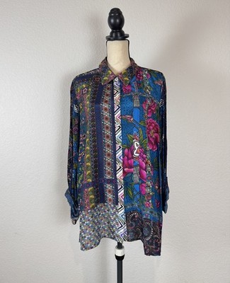 John Mark Women s Size 2X Tunic Mixed Flo Print Roll-Tab Sleeve Blouse NWT $129