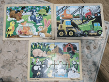 Lot of 3 Melissa  Doug Wooden Jigsaw Puzzles FARM ANIMALS, Pets, CONSTRUCTION