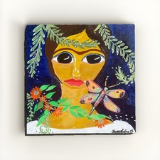 Frida Kahlo e libellula acrilico su legno (fatto a mano) firmato e datato rovere