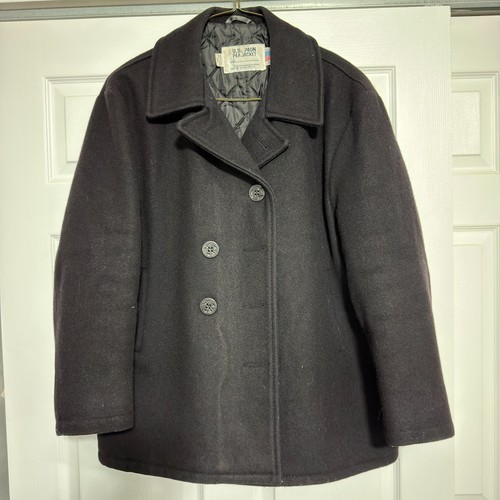 Vintage 1997 Schott NYC 740N Pea Coat Mens 50 Black Melton Wool Made in USA 90s