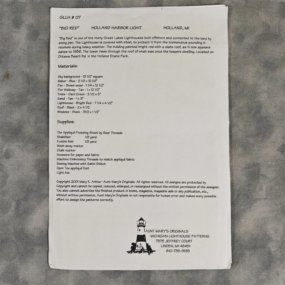 Aunt Mary’s Originals GLHH #07 Big Red Holland Harbor Lighthouse Quilt Pattern - Image 3 of 3