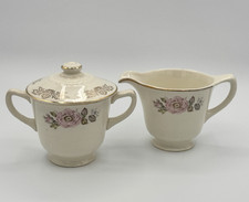 Homer Laughlin Queen Eater Sugar Bowl & Creamer Set Floral Gold Trim Read