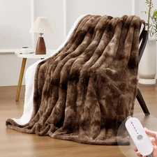 HYLEORY Faux Fur Heated Throw Blanket Electric, 5 Heat Levels Auto-Off Brown⭐