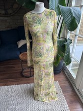 Nasty Gal Yellow Sheer Mesh Long Sleeve Fitted  Maxi Dress Miami Beach Print 12