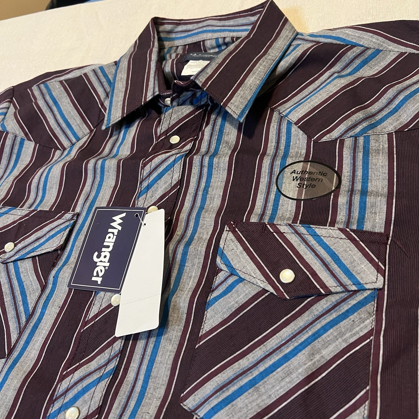 Wrangler Western Pearl Snap Shirt Men's XL TALL Red-Grey-Blue Plaid Shirt NWT thumbnail 2