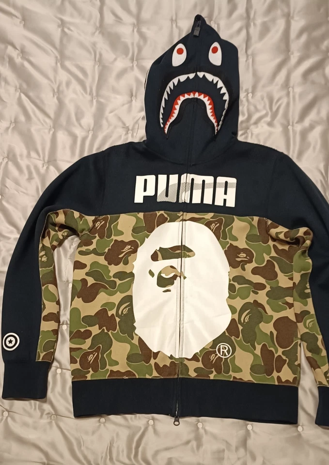 Sweat à capuche requin camouflage BAPE X Puma noir/gris KHAK S rare un collab... - Photo 2/4