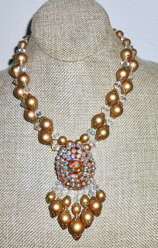 Vintage Juliana D&E? Easter Egg Pendant Gold Lucite & AB Glass Bead Necklace N36