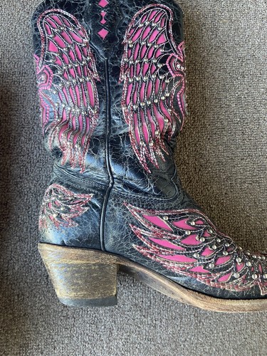 Vintage Corral A1049 schwarz & rosa Leder Cowboy Westernstiefel Flügel & Kreuz 6,5 - Bild 9 von 13