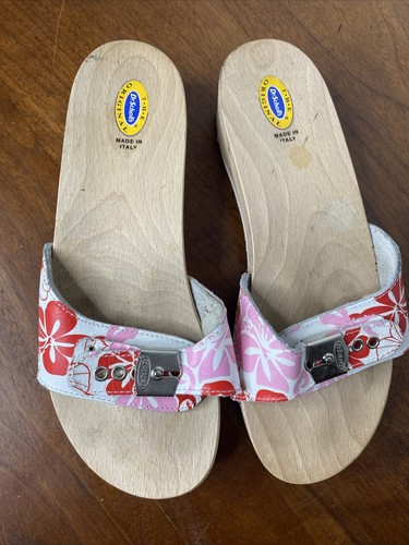 Vintage DR SCHOLLS Wooden Exercise Sandals Shoes Pink Red Floral Wood 7 Italy - Bild 3 von 9