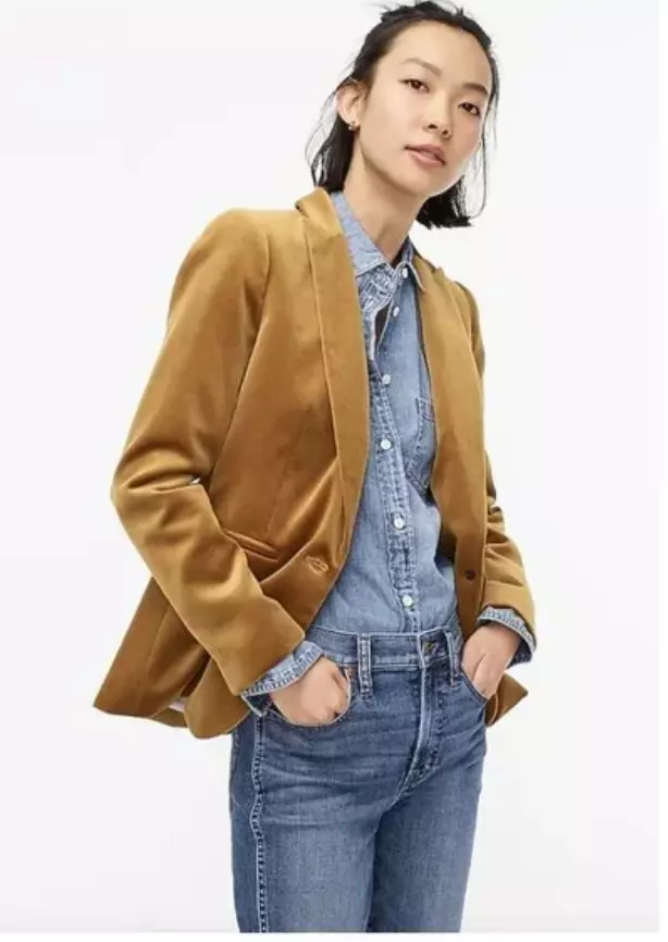 J CREW Women s Long Sleeve Velvet Parke Blazer Cotton Gold Yellow Sz 0