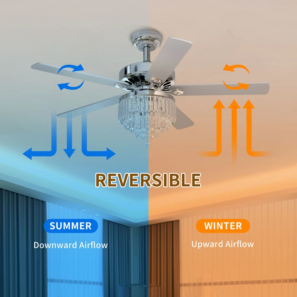 52 Inch Ceiling Fan with Light & Remote Bedroom Modern Crystal Fan Light Chrome - Image 3 of 4