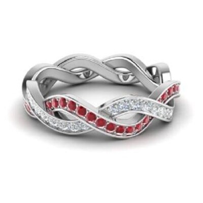 1.08 Ct Real Round Cut Ruby & Diamond Engagement Eternity Band 14k White Gold