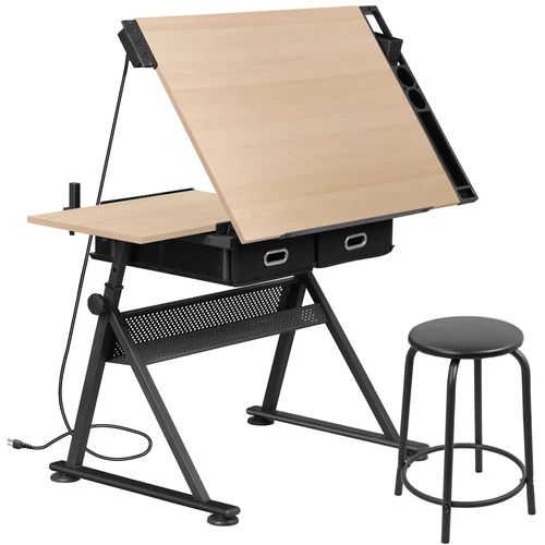 Adjustable Drafting Table and Stool Set with Outlet and Storage Drawers 3 Colors - Picture 4 of 26