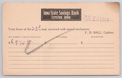 CRESTON IOWA, IOWA STATE SAVINGS BANK, CASHIERS RECEIPT POSTAL CARD, c. 1918