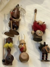 Set 5 Teak Wood MCM Vtg Viking Danish Toy Figure Sculpture Gonk Folk Art 1960s