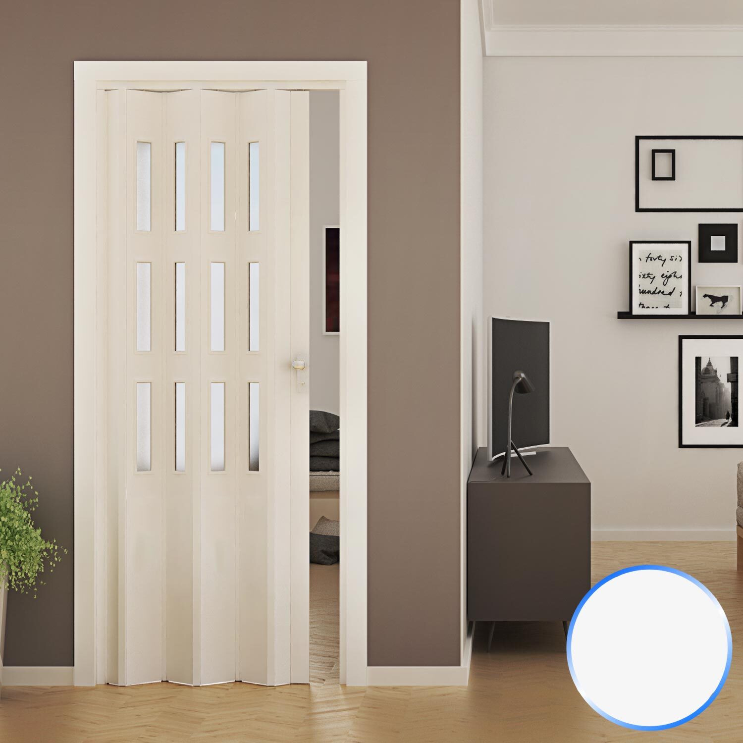 PORTE ACCORDÈON PLIANTE PVC AVEC VERRE BOUTON 88,5X214CM SUR MESURE EXTENSIBLE