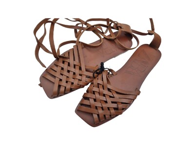 Zara Braided Woven Leather Sandals 39 Flat Tan Brown Shoes Boho Hippie  Strappy UK