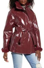 J.o.a Just One Answer Fur Faux Lined Glossy Tie Waist Burgundy Coat Size X/smal
