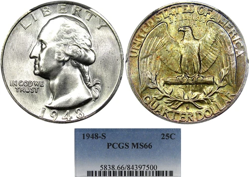 1948-S 25C PCGS MS66 SILVER WASHINGTON ~ COLORFUL GEM!