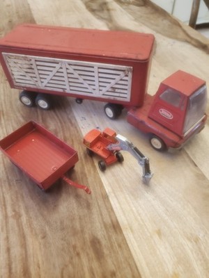 Vintage Red Tonka Semi Truck, Excavator, Trailer Pressed Metal Toys Antique Lot