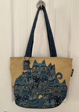 Womens LAUREL BURCH "Indigo Cats" Blue Gold Shoulder Tote Bag