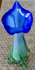 Jack in the Pulpit 7” Hand-Blown Murano Art Glass Ribbed Vase Blue Green White