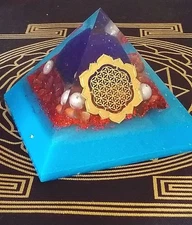 RARE Azurite Pyramid, ORGONE PYRAMID With AZURITE, Carnelian and Flower of Life