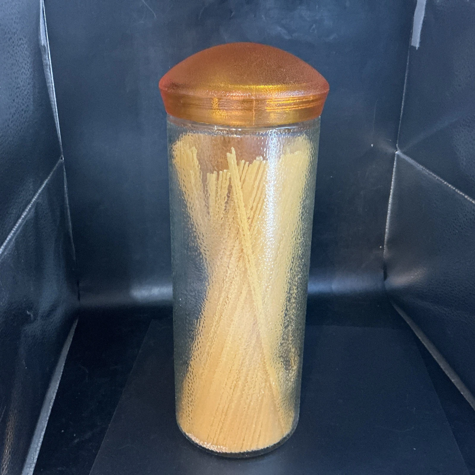 Vtg Glass Spaghetti Pasta Storage Container With Plastic Orange Top. 16c