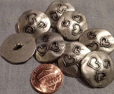 8 Antiqued Silver Tone Metal Buttons Slight Dome 3 Hearts Almost 7/8" 22mm 7970