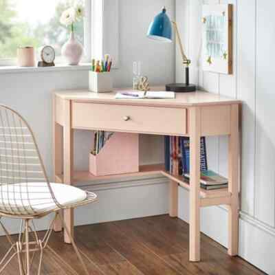 Blush Pink Wooden Corner Desk Laptop Student Writing Home Office Furniture Table