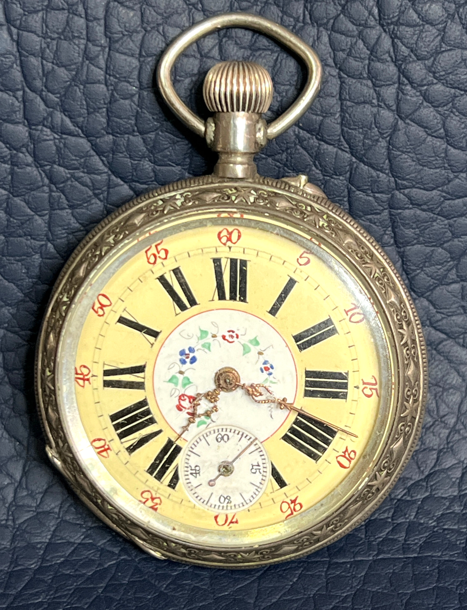Antique Silver Swiss Hunting Pocket Watch Engraved Church Enamel Rome Dial
