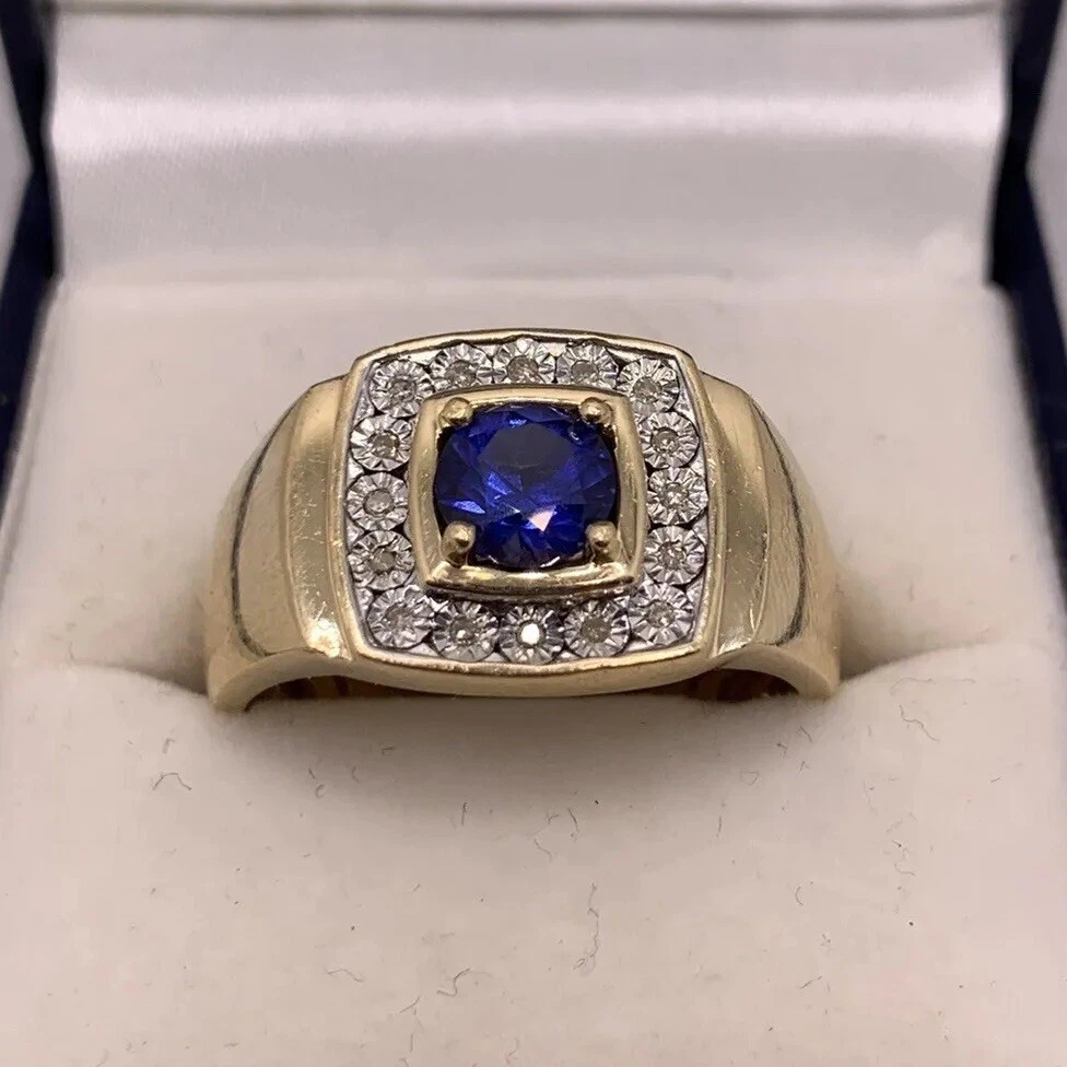 Solid 9K Yellow Gold Australian Sapphire Diamond Ring Mens Signet 6.15g