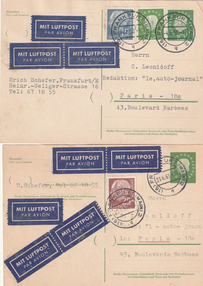 Lot 2 Entiers postaux avec complément timbres par Avion Allemagne pour Paris - Photo 1/1