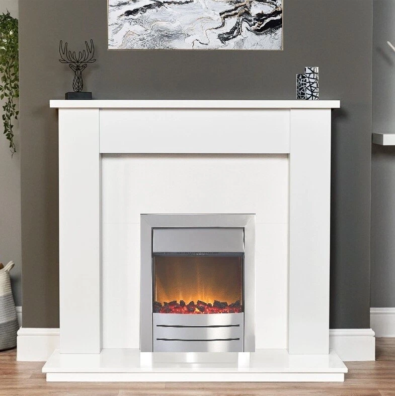 ELECTRIC FIRE PURE WHITE WOOD FIREPLACE MODERN SURROUND SUITE LED SILVER  FLAME | eBay