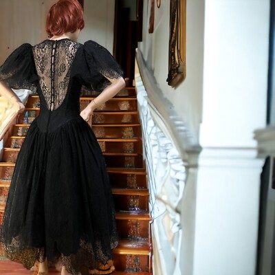 VTG McClintock GUNNE SAX Dress BLACK Lace Deadstock Tulle Dark