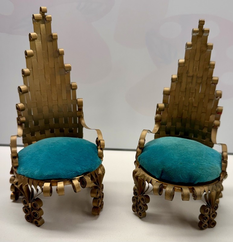 Set of two Vtg Handmade ' Tramp Art ' Tin Can and Velvet Chairs. Georgia cans