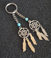 Dreamcatcher Keychain Silver Blue Metal Feathers Turquoise Beads Key Ring Modern
