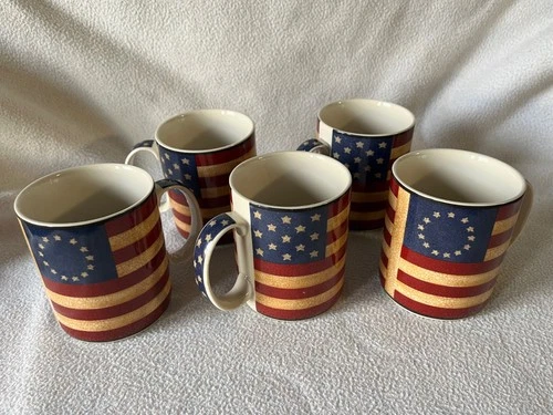 Coventry Liberty Stoneware Coffee Cups/Mugs Set Of 5 Patriotic American Flag Vtg