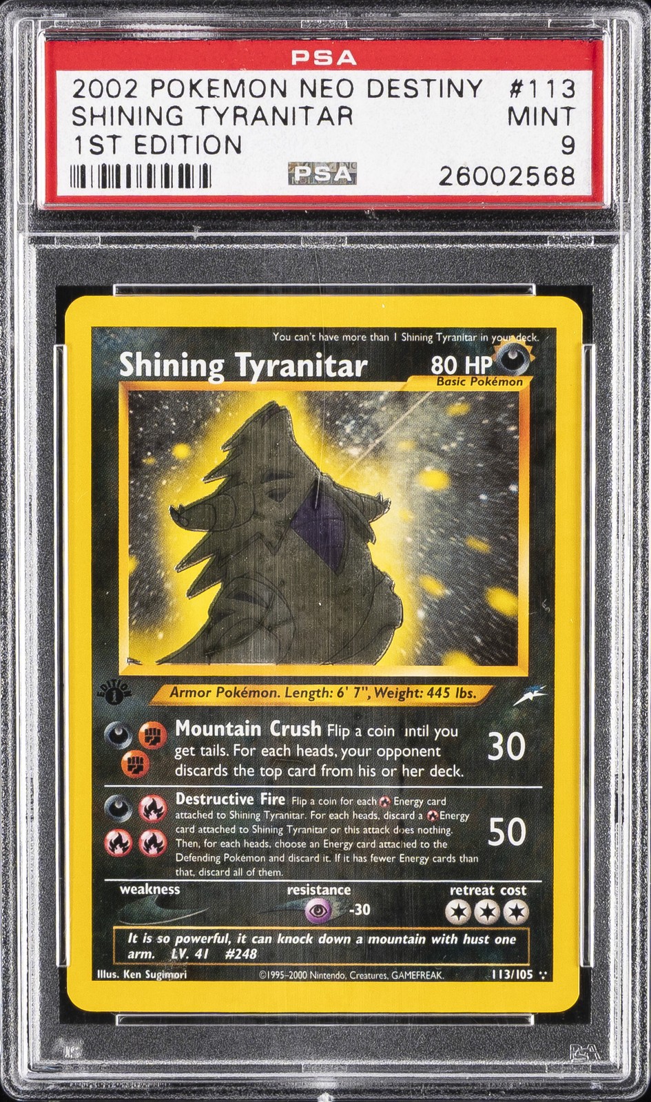 2002 POKEMON NEO DESTINY 1ST EDITION #113 SHINING TYRANITAR PSA 9
