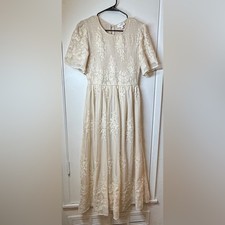 Bohme Alora Embroidered Floral Champagne Cream Tulle Maxi Dress Size Medium