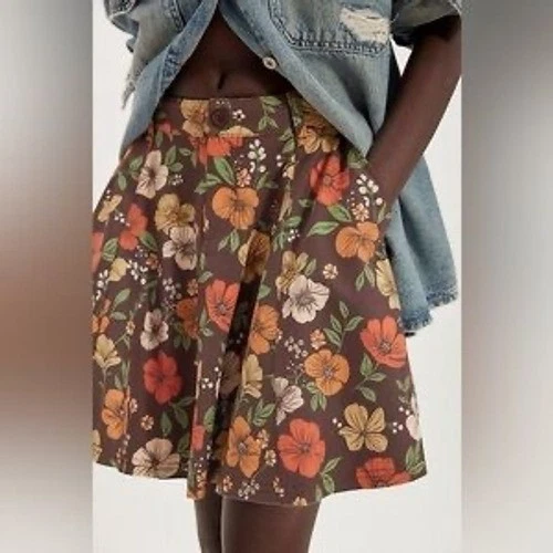 Free People Women Size 4 Chocolate Combo Dahlia Floral Circle Skirt Floral Retro