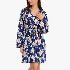 Charter Club Womens Cotton Short Wrap Robe Blossoms Blue Size Small